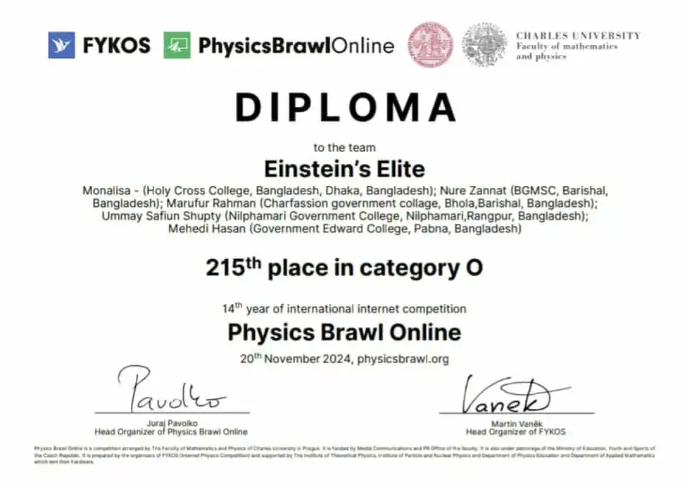 International Physics Brawl Competition Certificate