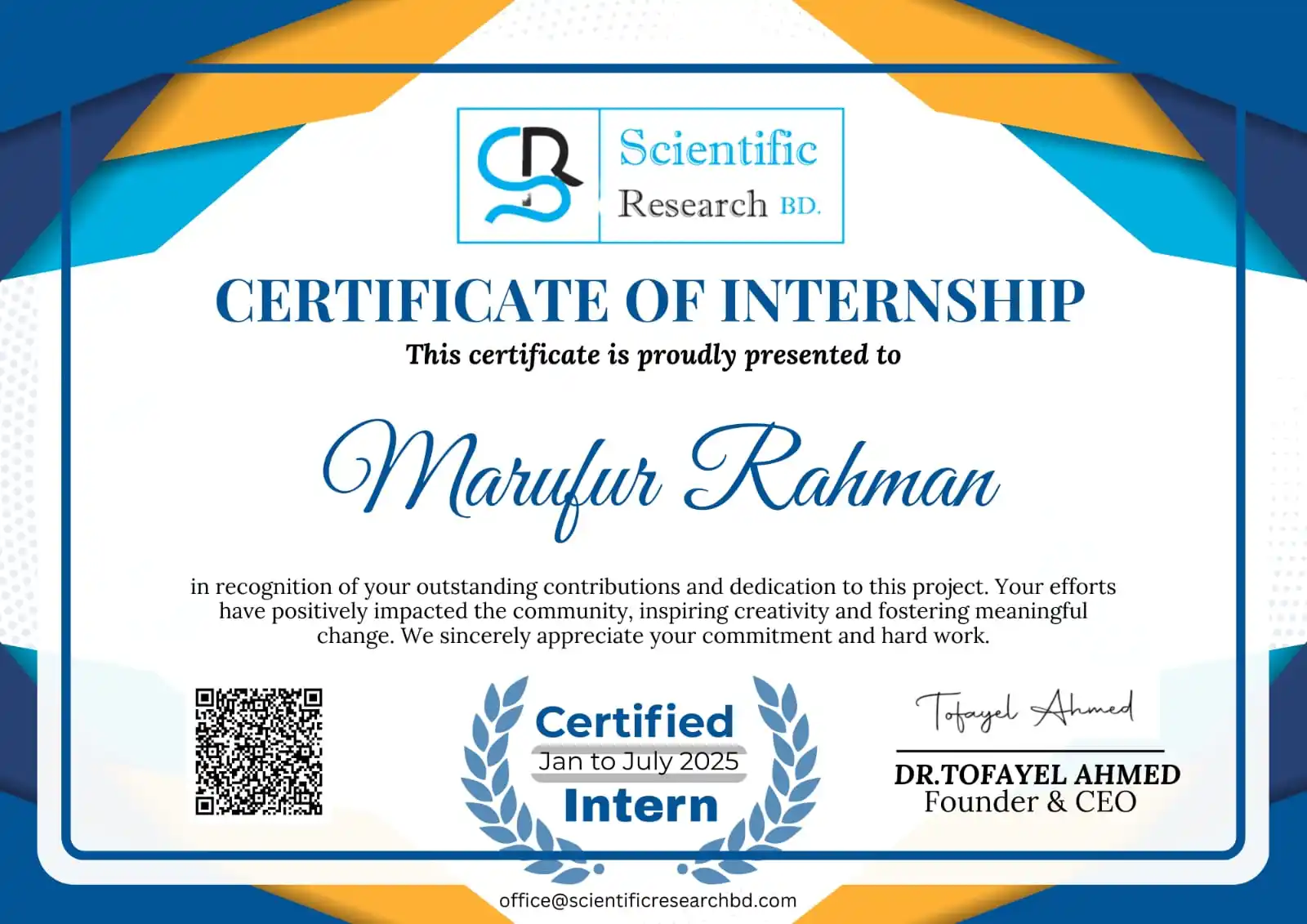 Scientific Research BD Internship Certificate